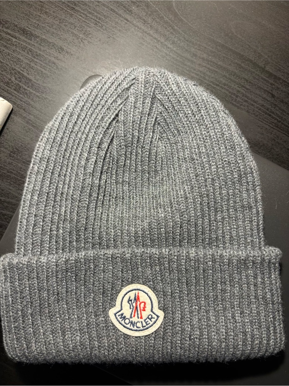 Moncler Gray Ribbed Knit Cuffed Beanie with Logo Patch